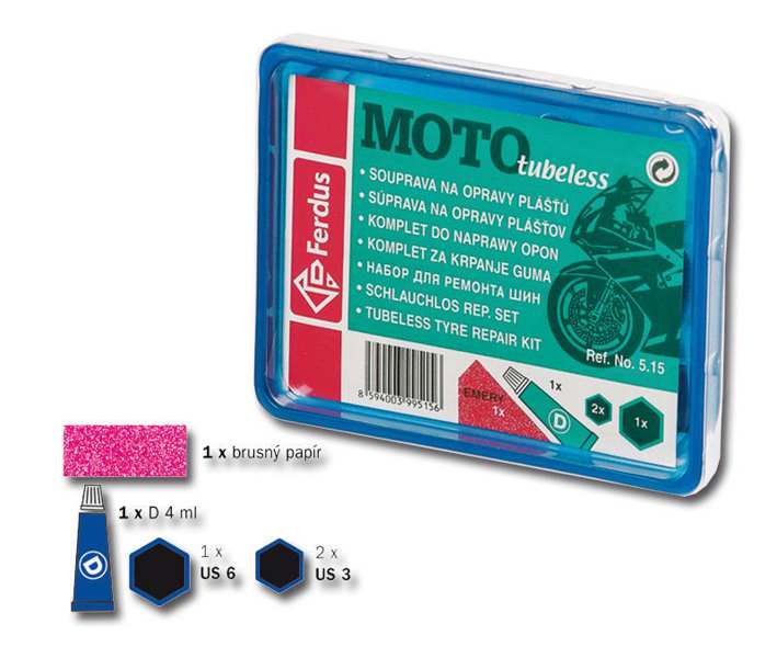 FERDUS Satz für Pannenreparatur 11201200 Moto Tubeless Repair Kit, eingestellt, um kleinere Fehler in schläfrigen Motorradreifen zu reparieren. Inventarinhalt: 1 x Sandpapier, 1 x Vulkanisierende Flüssigkeit D (4 ml), 1 PC US 6 Fleck (Durchmesser 45 mm), 2 x US 3 Flecken (Durchmesser 32 mm)
Kann aus Gründen der Qualitätssicherung nicht zurückgenommen werden! 1.