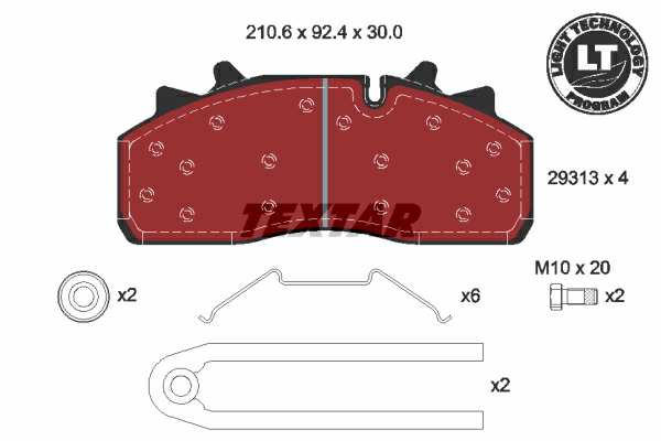 TEXTAR Brake pad for disc brake (cargo) 961221 Set
Width [mm]: 210,6, Height [mm]: 92,4, Thickness [mm]: 29,8, Wear Warning Contact: prepared for wear indicator, Supplementary Article/Supplementary Info: with accessories, WVA Number: 29313, Brake Lining Backplate Material: Steel, Brake System: Wabco PAN 19-1 1.