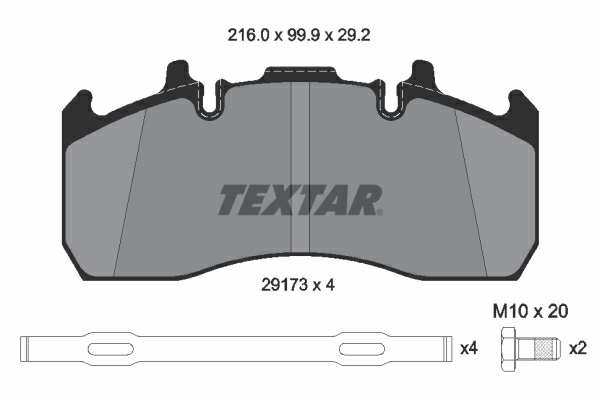 TEXTAR Bremsbelag für Scheibenbremsen (LKW) 10094268 Set
Breite [mm]: 216,1, Höhe [mm]: 96,8, Dicke/Stärke [mm]: 29,2, Verschleißwarnkontakt: für Verschleißwarnanzeiger vorbereitet, Ergänzungsartikel/Ergänzende Info 2: mit Bremssattelschrauben, Ergänzungsartikel/Ergänzende Info: mit Zubehör, WVA-Nummer: 29173, Material Bremsbelag-Rückenplatte: Grauguss, Bremssystem: Meritor ELSA 225-1 1.