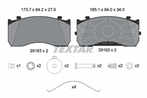 TEXTAR Bremsbelag für Scheibenbremsen (LKW) 10094118 Set
Breite [mm]: 185, Höhe [mm]: 84, Dicke/Stärke [mm]: 34, Verschleißwarnkontakt: nicht für Verschleißwarnanzeiger vorbereitet, Ergänzungsartikel/Ergänzende Info: mit Zubehör, WVA-Nummer: 29183, Material Bremsbelag-Rückenplatte: Grauguss, Bremssystem: Knorr SB/SN5 1.