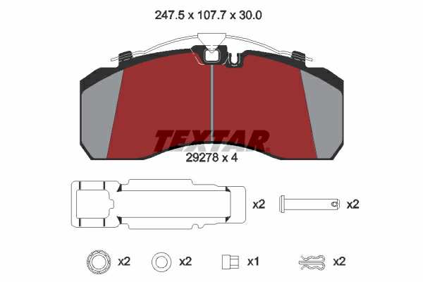 TEXTAR Bremsbelag für Scheibenbremsen (LKW) 10094277 Set
Breite [mm]: 247,5, Höhe [mm]: 107,7, Dicke/Stärke [mm]: 30, Verschleißwarnkontakt: für Verschleißwarnanzeiger vorbereitet, Ergänzungsartikel/Ergänzende Info: mit Zubehör, WVA-Nummer: 29278, Version: ProTecS ®, Material Bremsbelag-Rückenplatte: Grauguss, Bremssystem: Knorr SB/SN7 1.