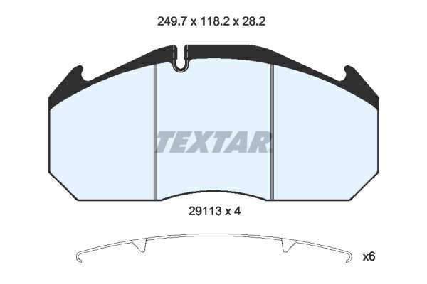 TEXTAR Bremsbelag für Scheibenbremsen (LKW) 10094243 Set
Breite [mm]: 249,7, Höhe [mm]: 118,2, Dicke/Stärke [mm]: 28,2, Verschleißwarnkontakt: für Verschleißwarnanzeiger vorbereitet, Ergänzungsartikel/Ergänzende Info: mit Zubehör, WVA-Nummer: 29113, Material Bremsbelag-Rückenplatte: Stahl, Bremssystem: Meritor D-ELSA-1 1.