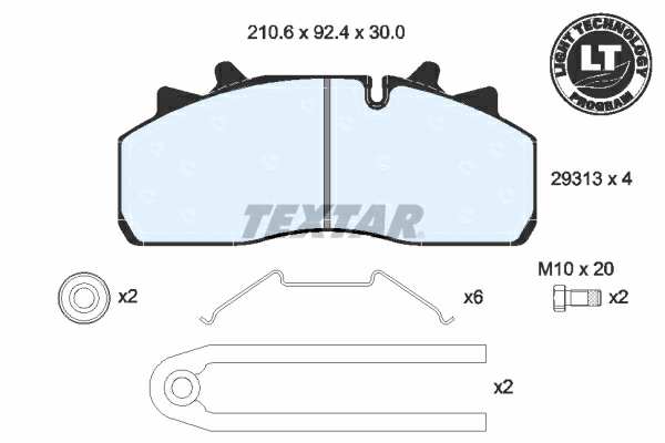 TEXTAR Bremsbelag für Scheibenbremsen (LKW) 10854647 Set
Einbauposition: Vorderachse, Bremssystem: WABCO PAN 19-1, Länge [mm]: 210,41, Höhe [mm]: 92,3, Dicke/Stärke [mm]: 29,5 1.