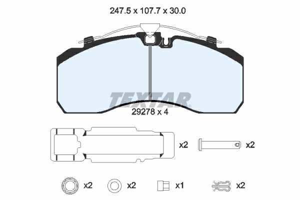 TEXTAR Bremsbelag für Scheibenbremsen (LKW) 10854518 Set
Breite [mm]: 247,5, Höhe [mm]: 107,7, Dicke/Stärke [mm]: 30, Verschleißwarnkontakt: für Verschleißwarnanzeiger vorbereitet, Ergänzungsartikel/Ergänzende Info: mit Zubehör, WVA-Nummer: 29278, Version: ProTecS ®, Material Bremsbelag-Rückenplatte: Grauguss, Bremssystem: Knorr SB/SN7 1.