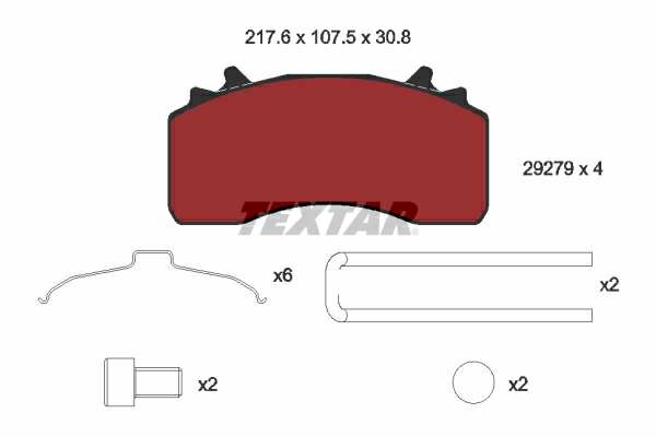 TEXTAR Bremsbelag für Scheibenbremsen (LKW) 10854524 Set
Breite [mm]: 217,6, Höhe [mm]: 107,5, Dicke/Stärke [mm]: 30,8, Verschleißwarnkontakt: für Verschleißwarnanzeiger vorbereitet, Ergänzungsartikel/Ergänzende Info 2: mit Bremssattelschrauben, Ergänzungsartikel/Ergänzende Info: mit Zubehör, WVA-Nummer: 29279, Material Bremsbelag-Rückenplatte: Stahl, Bremssystem: Wabco MAXX 22 1.