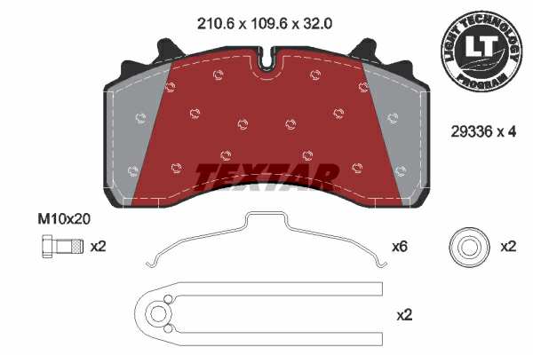 TEXTAR Bremsbelag für Scheibenbremsen (LKW) 10854648 Set
Einbauposition: Hinterachse, Bremssystem: WABCO, Ergänzungsartikel/Ergänzende Info 2: mit Schrauben, Breite [mm]: 211, Höhe [mm]: 104,3, Dicke/Stärke [mm]: 31, WVA-Nummer: 29162, 29336, Verschleißwarnkontakt: exkl. Verschleißwarnkontakt 1.