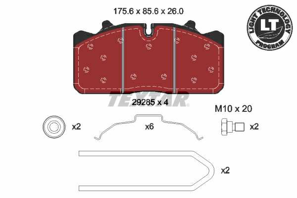 TEXTAR Bremsbelag für Scheibenbremsen (LKW) 10854645 Set
Breite [mm]: 175,6, Höhe [mm]: 85,6, Dicke/Stärke [mm]: 26, Verschleißwarnkontakt: für Verschleißwarnanzeiger vorbereitet, Ergänzungsartikel/Ergänzende Info 2: mit Bremssattelschrauben, Ergänzungsartikel/Ergänzende Info: mit Zubehör, WVA-Nummer: 29285, Material Bremsbelag-Rückenplatte: Stahl, Bremssystem: Wabco PAN 17 1.