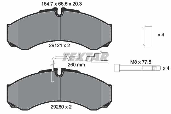 TEXTAR Bremsbelag für Scheibenbremsen (LKW) 960307/1 Set
Breite [mm]: 164,7, Höhe [mm]: 66,5, Dicke/Stärke [mm]: 20,3, Verschleißwarnkontakt: mit integriertem Verschleißwarnkontakt, Anzahl der Verschleißanzeigen [pro Achse]: 2, Ergänzungsartikel/Ergänzende Info 2: mit Bremssattelschrauben, Ergänzungsartikel/Ergänzende Info: mit Zubehör, WVA-Nummer: 29121, Bremssystem: Brembo 1.