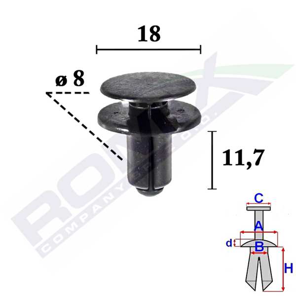 ROMIX Stoßfängerhalter-Clip 11214928 Kia, Länge: 11,7 mm, Durchmesser: 18 mm, Bohrungsgröße: 8 mm, schwarz, 10 Stcs/Pack