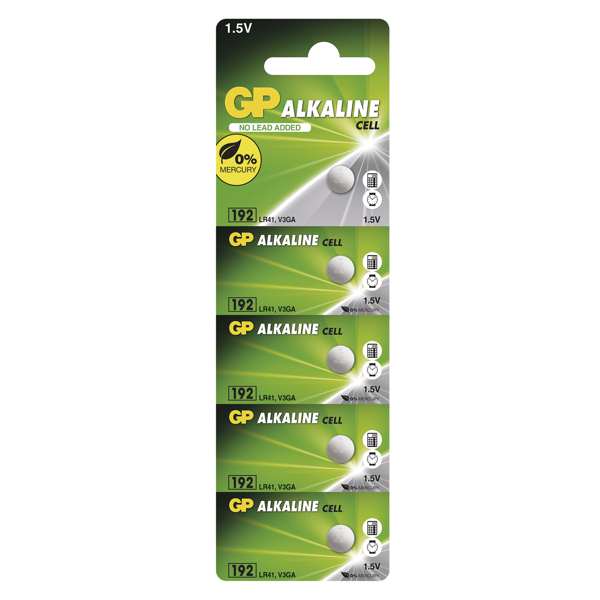 GP BATTERIES Batterie 11234522 GP -Taste Element LR41 (192F) 5BL, GP Alkaline -Taste -Element LR41 (192) 5PCS/Blister, 1,5 V, Typ: GP 192f (LR41, V3GA), Abmessungen: 7,9 × 3,6 mm