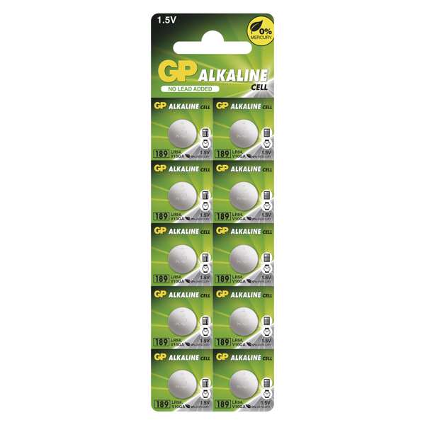 GP BATTERIES Batterie 11234521 GP -Taste Element LR54 (189f) 10BL, GP Alkaline -Taste Element LR54 (189) 10pcs/Blister, 1,5 V, Typ: GP 189f (Ag10, LR54, LR1130, V10GA), Abmessungen: 11,6 × 3,05 mm