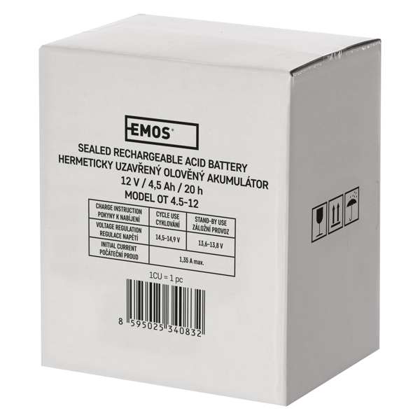 EMOS Unterbrechungsfreie Batterie 11234591 Batterie SLA 12V 4.5AH FAST.4.7 MM, EMOS -LEAD -Batterie, Wartung -frei, Technologie: AGM, Abmessungen: 91 × 71 × 105 mm