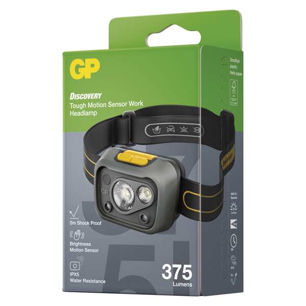 GP BATTERIES Stirnlampe 11234575 LED -Scheinwerfer GP Discovery CHW54, 375 LM, GP Cree LED -Scheinwerfer, Lichtquelle: 2 × Cree SMD LED, maximaler Lichteffekt: 375 LM, leichter Effekt: Turbo - 375 LM, Stoßwiderstand: 5 m, wasserdicht: IPX5, Füllung: Füllung: Füllung: Füllung: Geschlecht 3 × AAA, Batterie -Typ: LR03 (1,5 V), Artikel ist Teil des Pakets