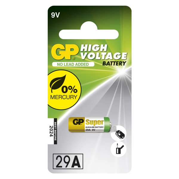 GP BATTERIES Batterie 11234518 GP Element Spec. 29AF 1BL, GP Special Alkaline Battery 29AF (A32, L822) 1PCS/Blister, 9V, Typ: GP 29A (A29, 32A, A32, L822), Abmessungen: 8,0 × 21,9 mm 1.