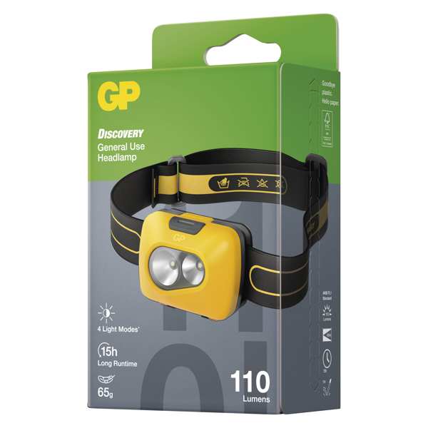 GP BATTERIES Headlamp 11234570 LED headlamp GP Discovery CH42, 110 LM, GP LED headlamp, light source: 2 × SMD LED, maximum luminous flux: 110 lm, impact resistance: 1 m, waterproof: IP43, charged: gender, feed: 3 × AAA, battery type: LR03 (LR03 1.5 v), item is part of the package