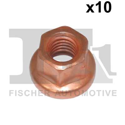 FA1 Exhaust nut 11236457 10pcs pack, M8x1.25
Spanner Size: 12 mm, Thread Size: M8x1,25, Surface: Copper coated, Supplementary Article/Info 2: with flange, Flange Diameter [mm]: 16,3, Bolt/Nut Version: Self-locking Nut