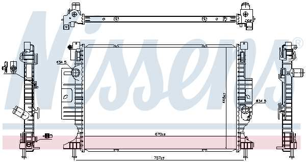 NISSENS Radiator 11243479 Cooling fins material: Aluminium, Core Depth [mm]: 26, Core Length [mm]: 670, Core Width [mm]: 448, Inlet O [mm]: 34,5, Outlet O [mm]: 34,5, Radiator type: Brazed cooling fins, Supplementary Article/Info 2: without cap, without expansion tank, Supplementary Article/Supplementary Info: with gaskets/seals, Water Tank Material (radiator): Plastic