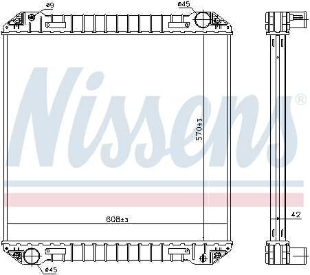 NISSENS Radiator 11243528 Cooling fins material: Aluminium, Core Depth [mm]: 42, Core Length [mm]: 570, Core Width [mm]: 608, Radiator type: Brazed cooling fins, Water Tank Material (radiator): Plastic
