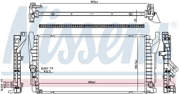 NISSENS Radiator 11243478 Cooling fins material: Aluminium, Core Depth [mm]: 22, Core Length [mm]: 680, Core Width [mm]: 351, Inlet O [mm]: 32,5, Outlet O [mm]: 32,5, Radiator type: Brazed cooling fins, Supplementary Article/Info 2: without cap, without expansion tank, Supplementary Article/Supplementary Info: with gaskets/seals, Water Tank Material (radiator): Plastic