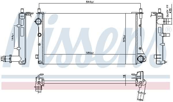 NISSENS Radiator 11243474 Cooling fins material: Aluminium, Core Depth [mm]: 18, Core Length [mm]: 580, Core Width [mm]: 322, Inlet O [mm]: 35, Outlet O [mm]: 35, Radiator type: Mechanically jointed cooling fins, Supplementary Article/Info 2: without expansion tank, Supplementary Article/Supplementary Info: without gasket/seal, Water Tank Material (radiator): Plastic