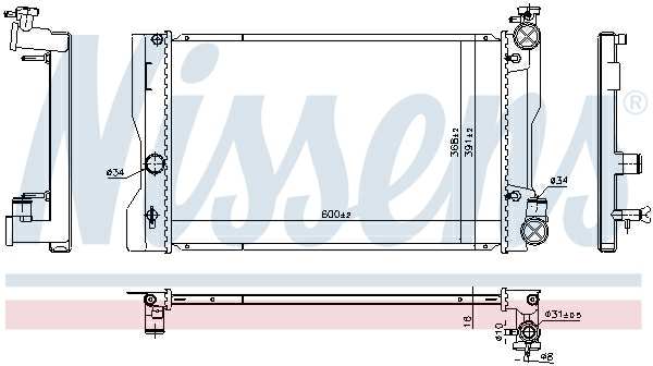 NISSENS Radiator 11243508 Cooling fins material: Aluminium, Core Depth [mm]: 16, Core Length [mm]: 600, Core Width [mm]: 368, Inlet O [mm]: 34, Outlet O [mm]: 34, Radiator type: Brazed cooling fins, Supplementary Article/Info 2: without expansion tank, Supplementary Article/Supplementary Info: without gasket/seal, Water Tank Material (radiator): Plastic