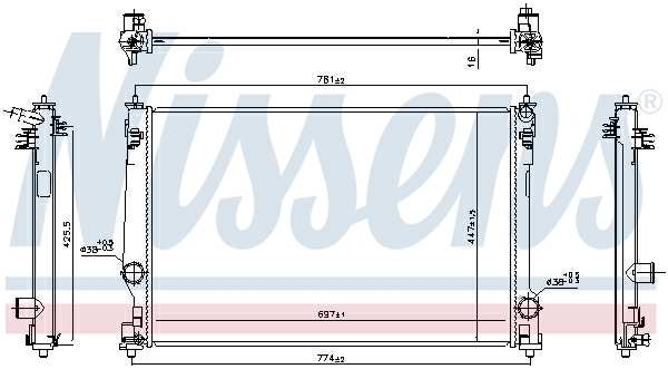NISSENS Radiator 11243502 Cooling fins material: Aluminium, Core Depth [mm]: 16, Core Length [mm]: 697, Core Width [mm]: 447, Inlet O [mm]: 38, Outlet O [mm]: 38, Radiator type: Brazed cooling fins, Supplementary Article/Info 2: without expansion tank, Supplementary Article/Supplementary Info: without gasket/seal, Water Tank Material (radiator): Plastic