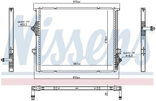 NISSENS Radiator 11243485 Cooling fins material: Aluminium, Core Depth [mm]: 26, Core Length [mm]: 567, Core Width [mm]: 478, Inlet O [mm]: 22, Outlet O [mm]: 16,3, Radiator type: Brazed cooling fins, Supplementary Article/Info 2: without cap, without expansion tank, Supplementary Article/Supplementary Info: with gaskets/seals, Water Tank Material (radiator): Plastic