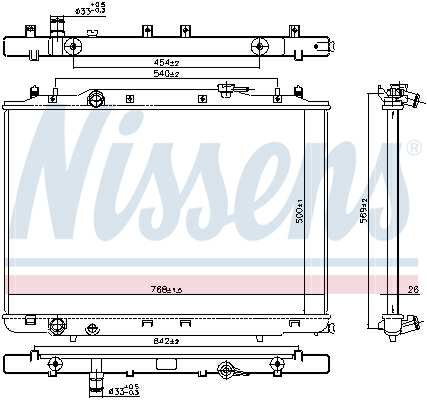 NISSENS Radiator 11243469 Cooling fins material: Aluminium, Core Depth [mm]: 26, Core Length [mm]: 500, Core Width [mm]: 768, Inlet O [mm]: 33, Outlet O [mm]: 33, Radiator type: Brazed cooling fins, Supplementary Article/Info 2: without expansion tank, Supplementary Article/Supplementary Info: without gasket/seal, Water Tank Material (radiator): Plastic