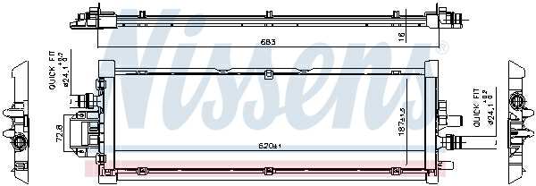 NISSENS Radiator 11243517 Cooling fins material: Aluminium, Core Depth [mm]: 16, Core Length [mm]: 620, Core Width [mm]: 187, Inlet O [mm]: 24, Outlet O [mm]: 24, Radiator type: Brazed cooling fins, Supplementary Article/Info 2: without expansion tank, Supplementary Article/Supplementary Info: without gasket/seal, Water Tank Material (radiator): Aluminium