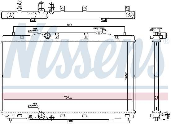 NISSENS Radiator 11243465 Cooling fins material: Aluminium, Core Depth [mm]: 26, Core Length [mm]: 400, Core Width [mm]: 754, Inlet O [mm]: 32, Outlet O [mm]: 32, Radiator type: Brazed cooling fins, Supplementary Article/Info 2: without expansion tank, Supplementary Article/Supplementary Info: without gasket/seal, Water Tank Material (radiator): Plastic