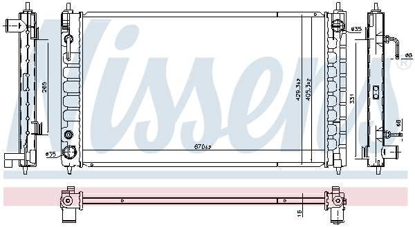 NISSENS Radiator 11243504 Cooling fins material: Aluminium, Core Depth [mm]: 16, Core Length [mm]: 670, Core Width [mm]: 405, Inlet O [mm]: 35, Outlet O [mm]: 35, Radiator type: Brazed cooling fins, Supplementary Article/Info 2: without expansion tank, Supplementary Article/Supplementary Info: without gasket/seal, Water Tank Material (radiator): Plastic