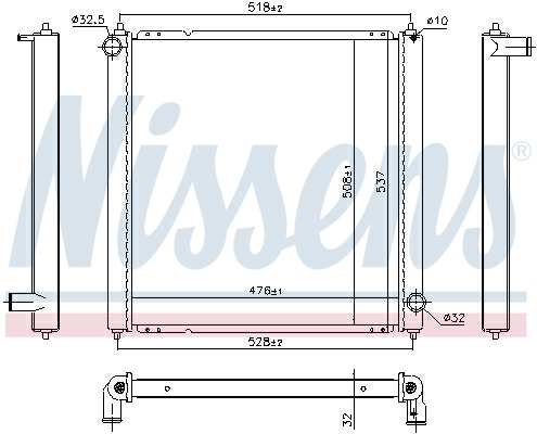 NISSENS Radiator 11243477 Cooling fins material: Aluminium, Core Depth [mm]: 32, Core Length [mm]: 476, Core Width [mm]: 508, Inlet O [mm]: 32,5, Outlet O [mm]: 32, Radiator type: Brazed cooling fins, Supplementary Article/Info 2: without cap, without expansion tank, Supplementary Article/Supplementary Info: with gaskets/seals, Water Tank Material (radiator): Plastic