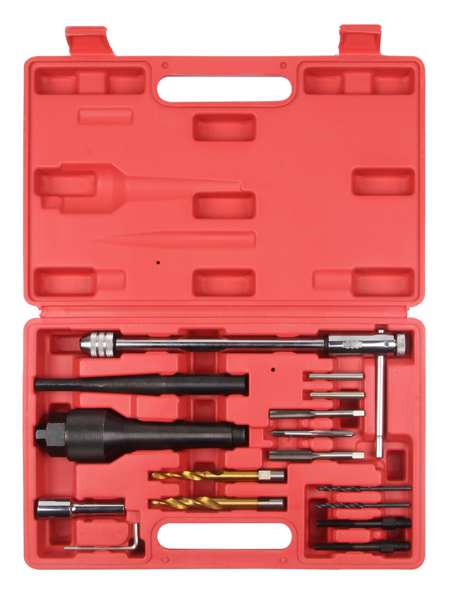 A.Z. MEISTERTEILE Glow plug remover kit 11247257 "Designed to remove damaged or broken glow plugs from cylinder heads
Removes 8mm and 10mm glow plugs.
Includes:
Hex 12mm spindle with hex 30mm nut and cone centre tool
Drill installer
1/4"" - 28 UNF hex 8mm x2pc
6 mm diameter tube x2pc
3 mm allen key
9.7 mm square socket
7 X 5.5 mm drill bit
9 X 5.5 mm drill bit
T Handle
2 X 3.5 mm drill bits
M10 x P10
M8 x 1.0
1/4"" - 28 UNF"
Cannot be taken back for quality assurance reasons!