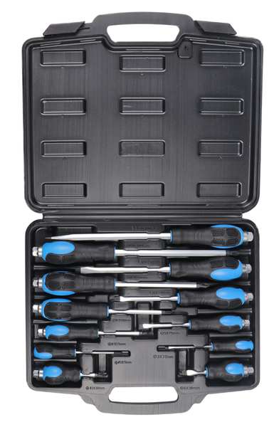 A.Z. MEISTERTEILE Screwdriver Set 11247259 "The impact-resistant blade. Equipped with magnetic tips and ergonomic anti-slip handles.
Made of Chrome Vanadium Steel.
Content:
6pcs. Phillips screwdrivers: PH0x75mm, PH1x75mm, PH2x38mm, PH2x100mm, PH3x150mm, PH4x200mm
6pcs. slotted screwdrivers: 3.2x75mm, 5x75mm, 6x38mm, 6x100mm, 8x150mm, 9.5x200mm"