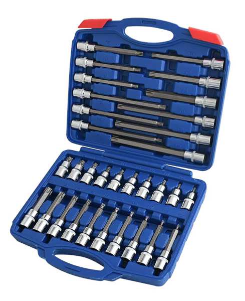 A.Z. MEISTERTEILE Bit socket kit 11247264 "Socket wrench set, 32 pieces
Made of chrome vanadium steel, matt chrome
10 sockets, length 55 mm, dimensions T20, T25, T27, T30, T40, T45, T50, T55, T60 and T70
10 sockets, length 100 mm, dimensions T20, T25, T27, T30, T40, T45, T50, T55, T60 and T70
6 sockets, length 140 mm, dimensions T40, T45, T50, T55, T60 and T70
6 sockets, 200 mm long, T40, T45, T50, T55, T60 and T70"