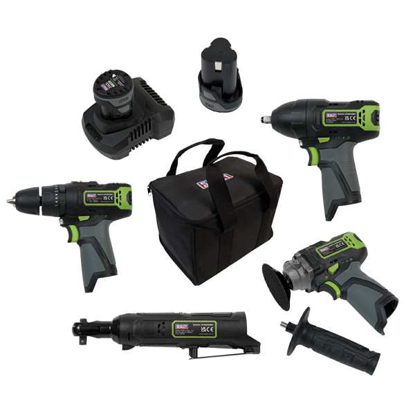 SEALEY Cordless machine set 11258206 Battery Pact Drill/Screwdriver, Battery Ratch Key 3/8?, Battery Poller D: 75 mm, battery screw 3/8?, 2 pc 10.8 v 2 Ah lithium-ion battery, battery charger, tissue bag