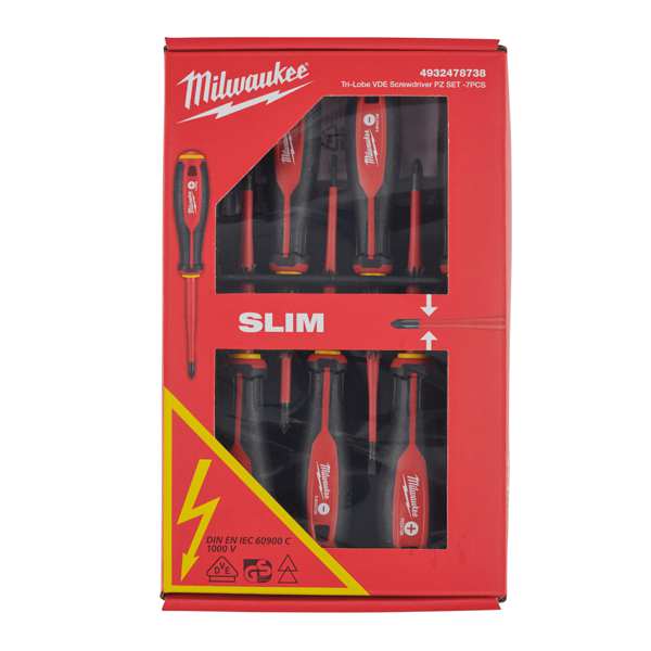 MILWAUKEE Screwdriver Set 11277719 TRI -LOBE VDE screwdriver PZ set - 7 pcs, set: SL2.5 / SL3 / SL4, PH2, PZ1 / PZ2 / Voltage Meter. VDE tested at 100,000 V, authenticated to 1000 V.