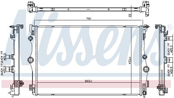 NISSENS Radiator 11280705 Cooling fins material: Aluminium, Core Depth [mm]: 22, Core Length [mm]: 663, Core Width [mm]: 433, Inlet O [mm]: 32,5, Outlet O [mm]: 32,5, Radiator type: Brazed cooling fins, Supplementary Article/Info 2: without cap, without expansion tank, Supplementary Article/Supplementary Info: with gaskets/seals, Water Tank Material (radiator): Plastic