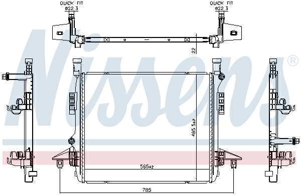 NISSENS Radiator 11280701 Cooling fins material: Aluminium, Core Depth [mm]: 22, Core Length [mm]: 565, Core Width [mm]: 486, Inlet O [mm]: 22,3, Outlet O [mm]: 22,3, Radiator type: Brazed cooling fins, Supplementary Article/Info 2: without cap, without expansion tank, Supplementary Article/Supplementary Info: with gaskets/seals, Water Tank Material (radiator): Plastic