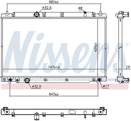 NISSENS Radiator 11280695 Cooling fins material: Aluminium, Core Depth [mm]: 26, Core Length [mm]: 425, Core Width [mm]: 747, Inlet O [mm]: 32, Outlet O [mm]: 32, Radiator type: Brazed cooling fins, Supplementary Article/Info 2: without expansion tank, Supplementary Article/Supplementary Info: without gasket/seal, Water Tank Material (radiator): Plastic