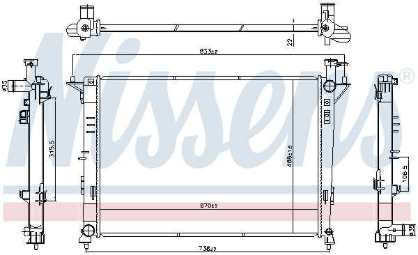 NISSENS Radiator 11280706 Cooling fins material: Aluminium, Core Depth [mm]: 22, Core Length [mm]: 670, Core Width [mm]: 468, Inlet O [mm]: 35, Outlet O [mm]: 35, Radiator type: Brazed cooling fins, Supplementary Article/Info 2: without expansion tank, Supplementary Article/Supplementary Info: without gasket/seal, Water Tank Material (radiator): Plastic