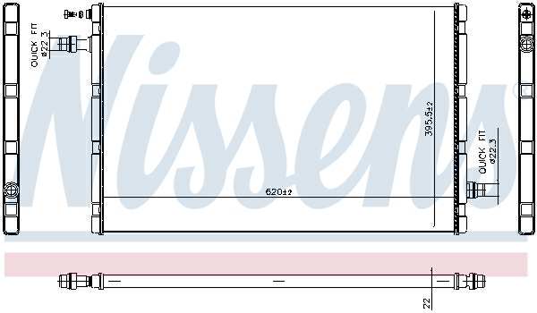 NISSENS Radiator 11280696 Cooling fins material: Aluminium, Core Depth [mm]: 22, Core Length [mm]: 620, Core Width [mm]: 396, Inlet O [mm]: 22,3, Outlet O [mm]: 22,3, Radiator type: Brazed cooling fins, Supplementary Article/Info 2: without cap, without expansion tank, Supplementary Article/Supplementary Info: with gaskets/seals, Water Tank Material (radiator): Aluminium