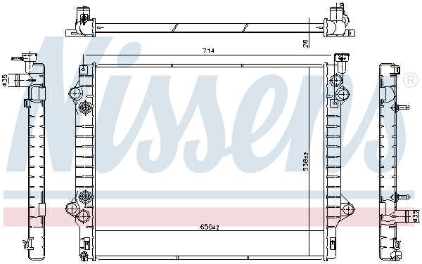 NISSENS Radiator 11280707 Cooling fins material: Aluminium, Core Depth [mm]: 26, Core Length [mm]: 650, Core Width [mm]: 538, Inlet O [mm]: 35, Outlet O [mm]: 35, Radiator type: Brazed cooling fins, Supplementary Article/Info 2: without expansion tank, Supplementary Article/Supplementary Info: with oil cooler, without gasket/seal, Water Tank Material (radiator): Plastic