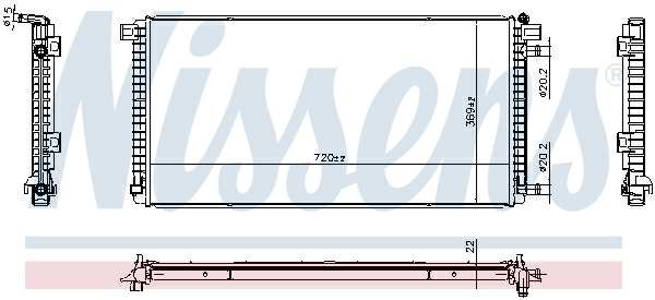 NISSENS Radiator 11280702 Cooling fins material: Aluminium, Core Depth [mm]: 22, Core Length [mm]: 720, Core Width [mm]: 369, Inlet O [mm]: 15, Outlet O [mm]: 20,2, Radiator type: Brazed cooling fins, Supplementary Article/Info 2: without expansion tank, Supplementary Article/Supplementary Info: without gasket/seal, Water Tank Material (radiator): Plastic