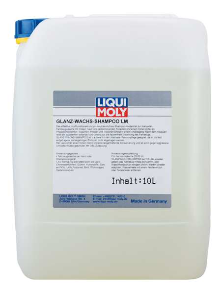 LIQUI-MOLY Autoshampoo 11297886 Beleuchtung, Waxy Shampoo, 10L, effizientes, multifunktionales und pH-neutrales Shampoo-Konzentrat für das manuelle Waschen. Das Lighting Waxy Shampoo ist ideal für die Aufrechterhaltung der Wartung, da es die zuvor angewandte Schutzschicht/Politiker nicht entzieht. Es gibt dem Lack ein hohes Licht und liefert eine längere Erhaltung, wodurch der Lack vor aggressiven Umwelteinflüssen geschützt wird.
Inhalt [Liter]: 10, Gebindeart: Kanister
Kann aus Gründen der Qualitätssicherung nicht zurückgen