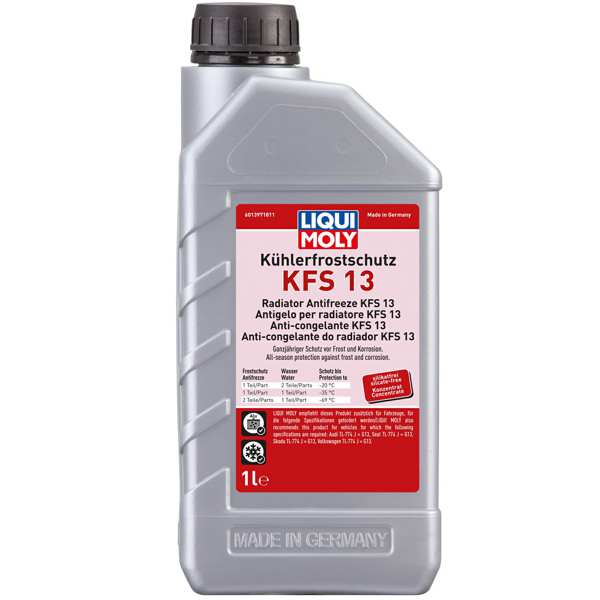 LIQUI-MOLY Frostschutzmittel 11297901 Frostschutzmittelkonzentrat KFS13, 1L, Pink, Wirkstoffkombination mit einem gut durchdachten Inhibitor-Paket basierend auf Hybrid-Technologie. Der Motor bietet einen hervorragenden Schutz vor Frost, Korrosion und Überhitzung im gesamten Motor. Ethylenglykol-, Amin-, Wein-, Nitrit- und Phosphatprodukte. Mischraten auf dem technischen Datenblatt!
Inhalt [Liter]: 1, Gebindeart: Kanister, Ölherstellerempfehlung: Audi TL-774 J = G13, Seat TL-774 J = G13, Skoda TL-774 J = G13, VW TL-774 J  G13
Kann