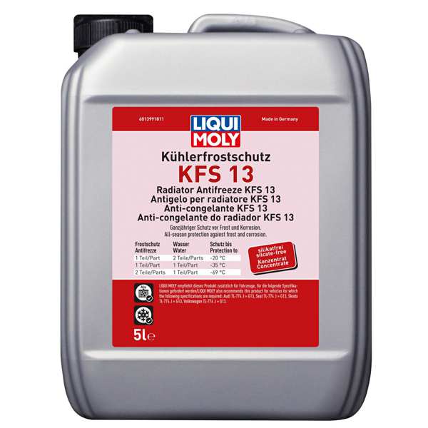 LIQUI-MOLY Frostschutzmittel 11297902 Frostschutzmittelkonzentrat KFS13, 5L, Pink, Wirkstoffkombination mit einem gut durchdachten Inhibitor-Paket basierend auf Hybrid-Technologie. Der Motor bietet einen hervorragenden Schutz vor Frost, Korrosion und Überhitzung im gesamten Motor. Ethylenglykol-, Amin-, Wein-, Nitrit- und Phosphatprodukte. Mischraten auf dem technischen Datenblatt!
Inhalt [Liter]: 5, Gebindeart: Kanister, Ölherstellerempfehlung: Audi TL-774 J = G13, Seat TL-774 J = G13, Skoda TL-774 J = G13, VW TL-774 J  G13
Kann