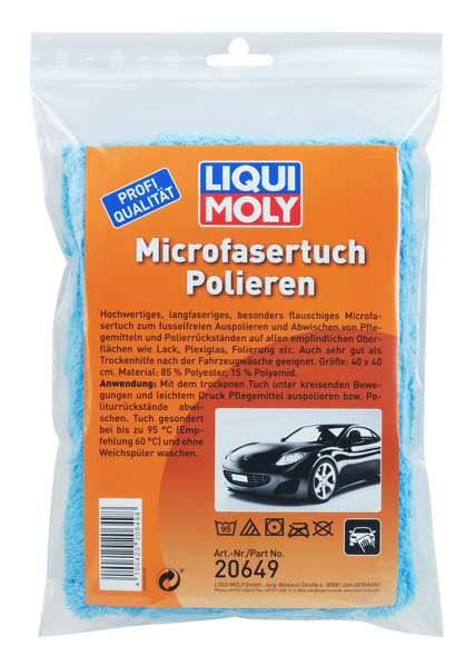 LIQUI-MOLY Poliertuch 11298004 Mikrofaserpolieren, 1pcs, Größe: 40 x 40 cm, hochwertiges langes Faser, insbesondere flauschige Mikrofaser -Tücher zum Schmieren und Wischen von Pflege- und Poliermaterialien. Es absorbiert zuverlässig Wachs- und polnische Rückstände und bietet strahlendes tiefes Licht ohne Streifen.
Gebindeart: Beutel