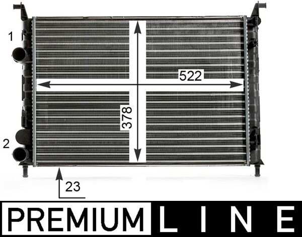 BEHR HELLA SERVICE Radiator 11311268 Radiator type: Mechanically jointed cooling fins, Core Length [mm]: 522, Core Width [mm]: 378, Core Depth [mm]: 23, Diameter 1 [mm]: 35, Diameter 2 [mm]: 35