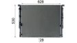 BEHR HELLA SERVICE Radiator 11312545 Radiator type: Brazed cooling fins, Core Length [mm]: 628, Core Width [mm]: 530, Core Depth [mm]: 28, Water Tank Material (radiator): Plastic, Inlet O [mm]: 39, Outlet O [mm]: 39, Cooling fins material: Aluminium, Manufacturer: MAHLE 7.